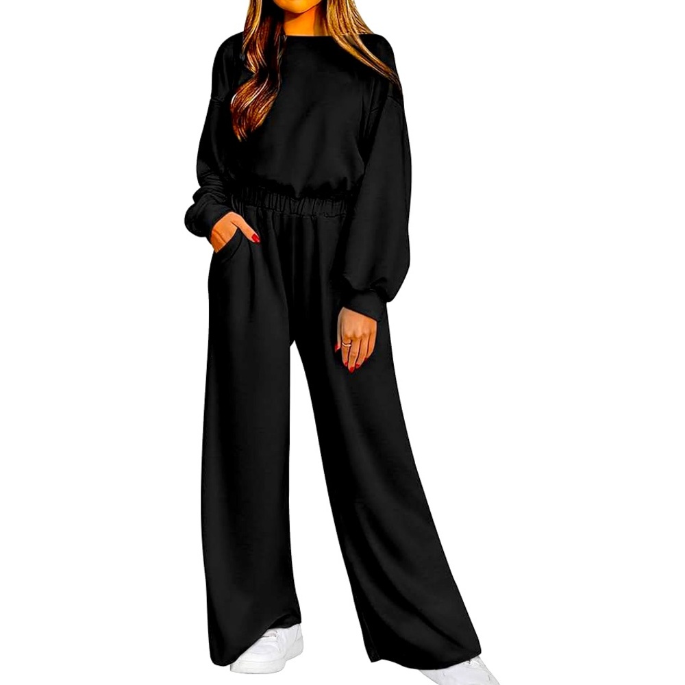 Pretty Garden Wide Leg Long Sleeve Jump Suit Large Black Stretch Casual …